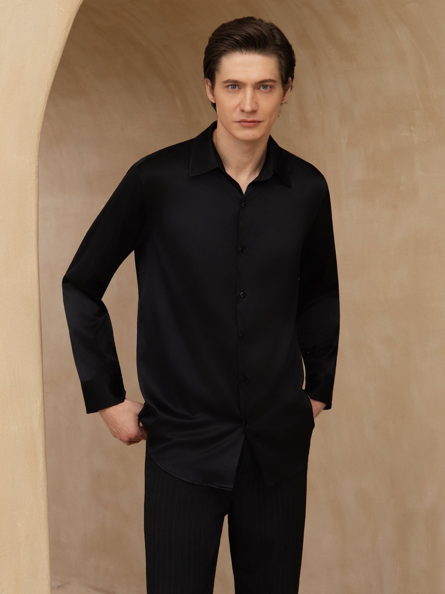 [Zwart] SilkSilky-NL 19Momme Lange Mouw Reverskraag Heren Shirt 003