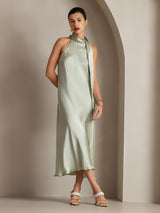 [Lichtgroene] SilkSilky-NL 19Momme Stretch Silk Charmeuse Sleeveless Tie Neck Jurk 003