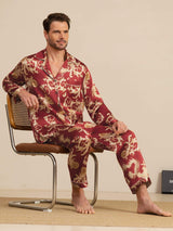 [Wijnrode Draak] SilkSilky-NL Long Sleeve Notch Collar Heren Pyjama Set 001