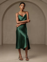 [Donkergroen] SilkSilky-NL Spaghetti Bandjes Waterval Hals Jurk 005