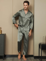 [Grijsachtig Groen] SilkSilky-NL Pure Silk Lange Mouw Revers Heren Pyjama Set 001