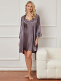 SilkSilky NL 3/4 Mouw Nightgown&Robe Set PaarsGrijs 004