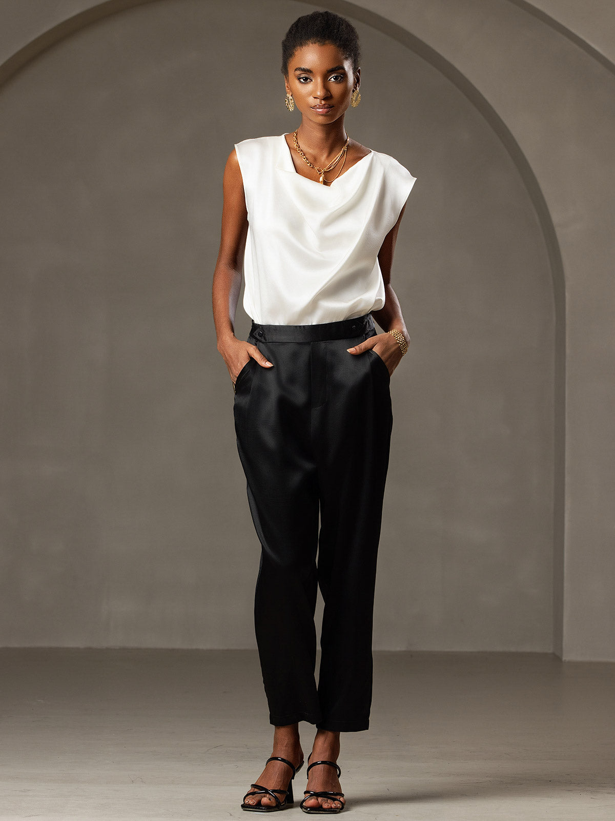 [Wit] SilkSilky-NL 19Momme Zijde Mouwloos Womens T-Shirt 006