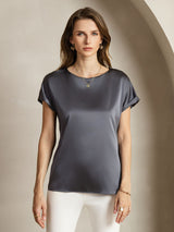 [Donkergrijs] SilkSilky-NL 19Momme Korte Mouw Boat Hals Dames T-Shirt 001