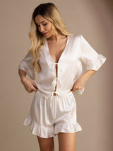 [Wit] SilkSilky-NL Short Sleeve V Neck Dames Pyjama Set 003