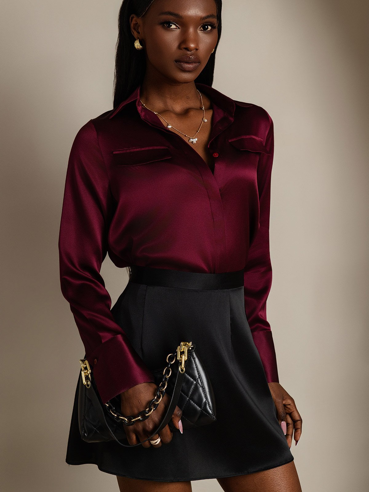 SilkSilky-NL 19Momme Zijde Lange Mouw Kraag Dames Blouse Donkerrood 005