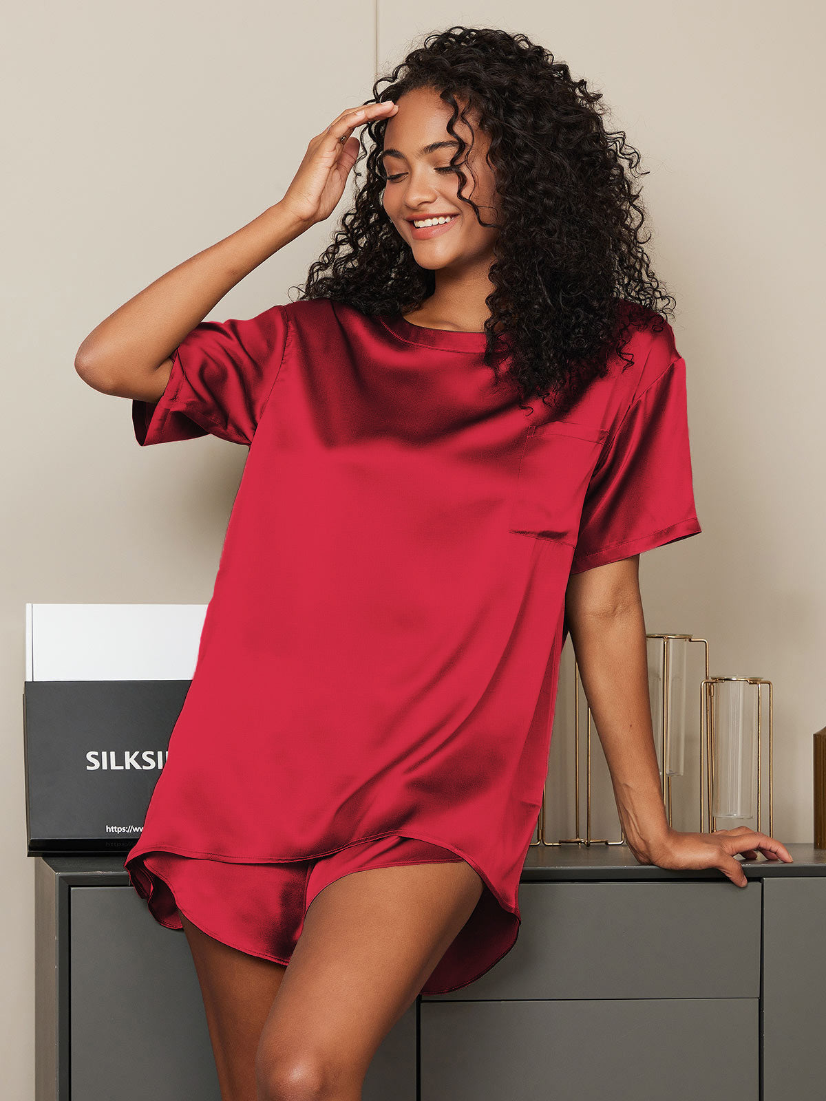 [Wijn] SilkSilky-NL Ronde Hals Dames Pyjama Set 003