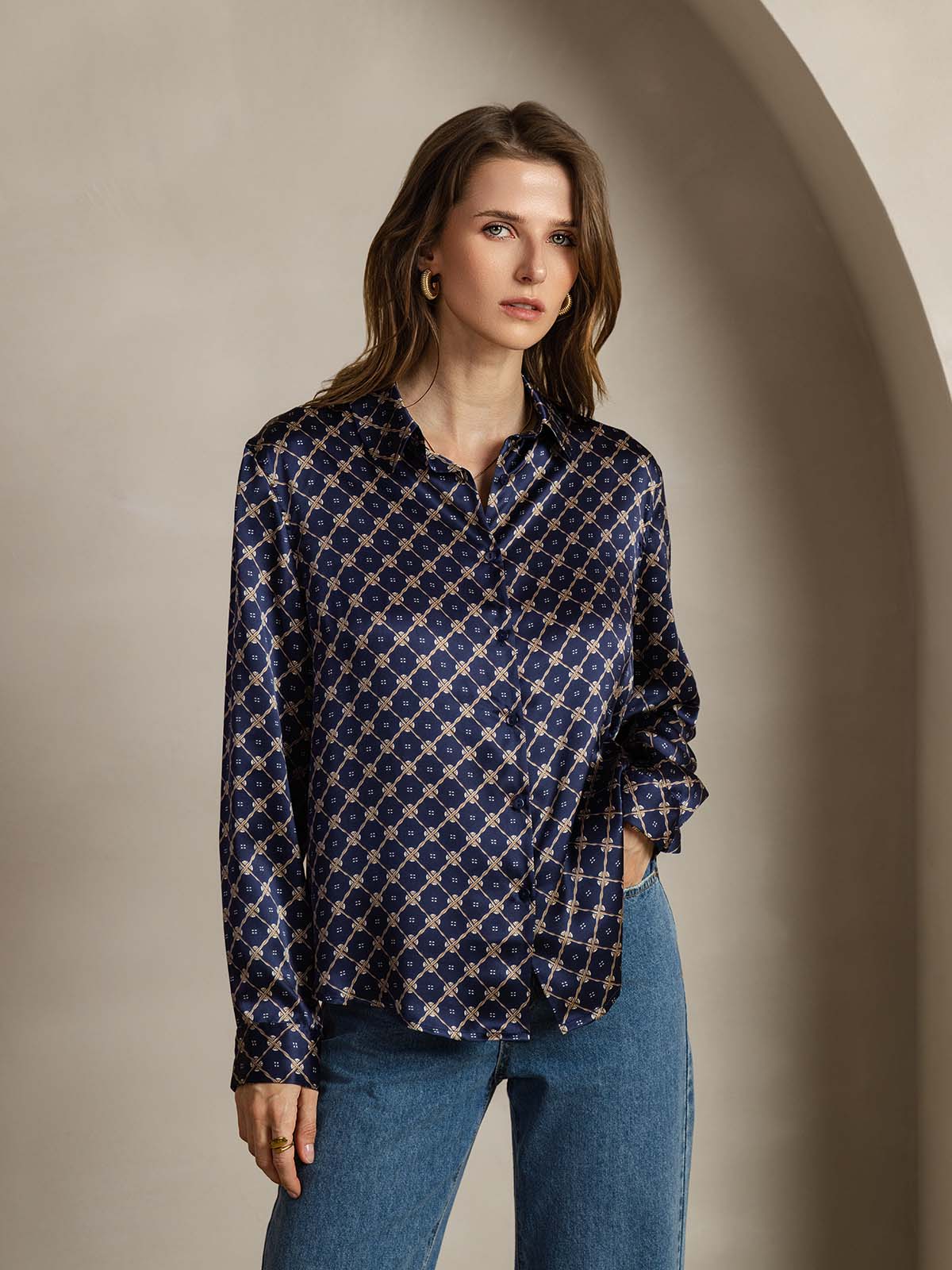 [Marine Ketting] SilkSilky-NL Zijde Kraag Dames Blouse 001