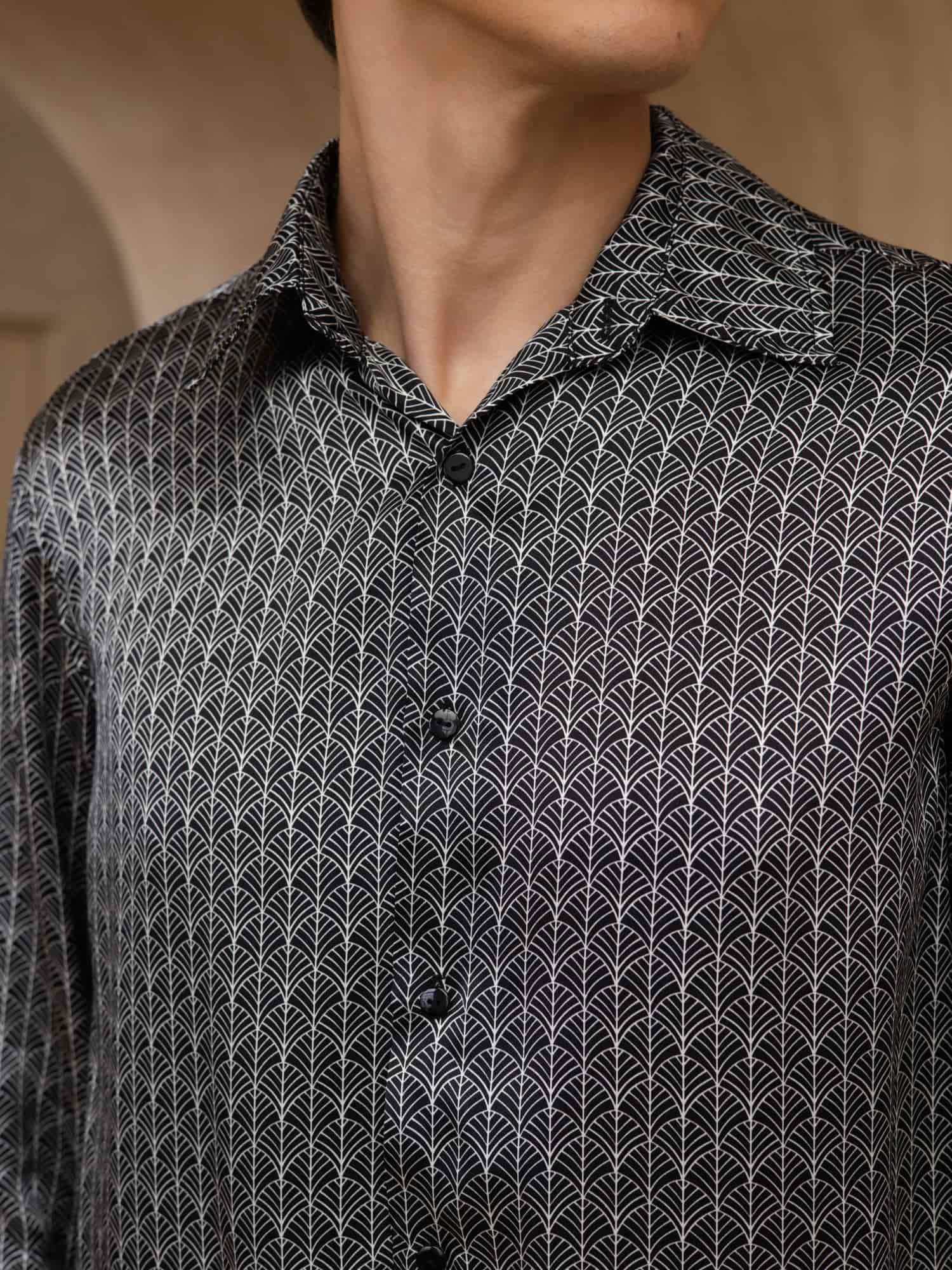 [Zwarte Ginkgo] SilkSilky-NL Lange Mouw Reverskraag Heren Shirt 006