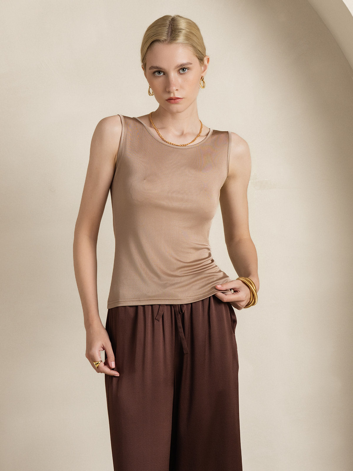 [Koffie] SilkSilky-NL Zijde Gebreid Ronde Hals Dames T-Shirt 006