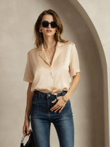 [Champagne] SilkSilky-NL Short Sleeve Lapel Collar Dames Blouse 003