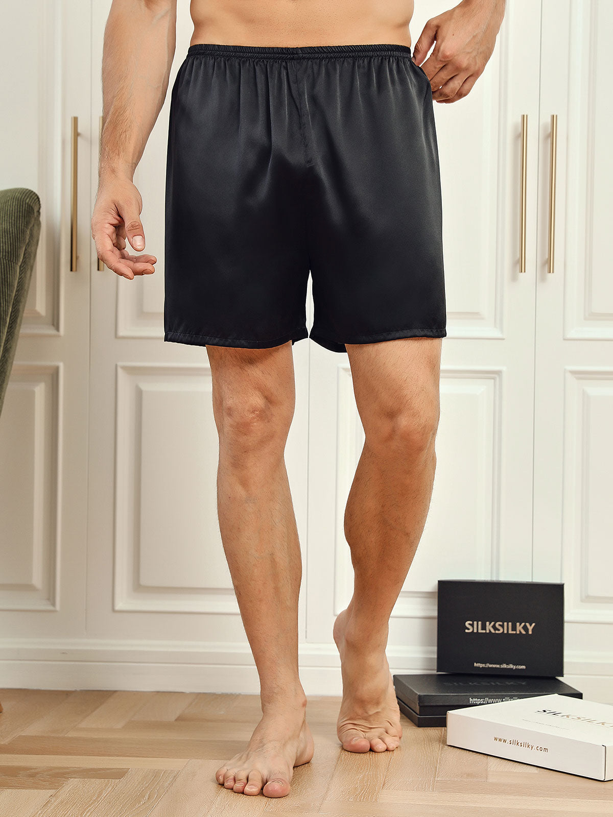 [Zwart] SilkSilky-NL 19Momme Mens Sleep Bottoms 001