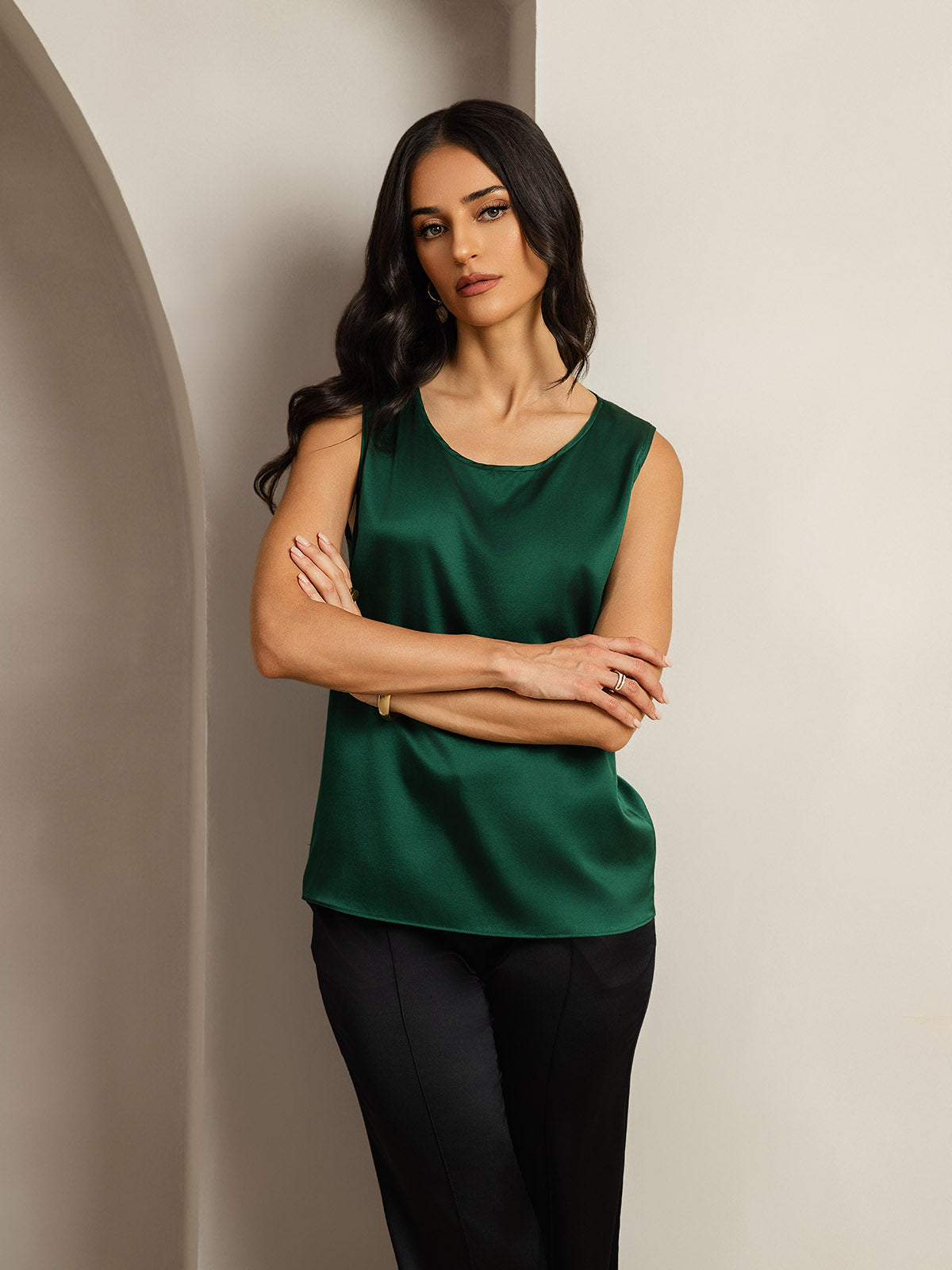 [Donkergroen] SilkSilky-NL 19Momme Zijde Ronde Hals Cami-Top 006
