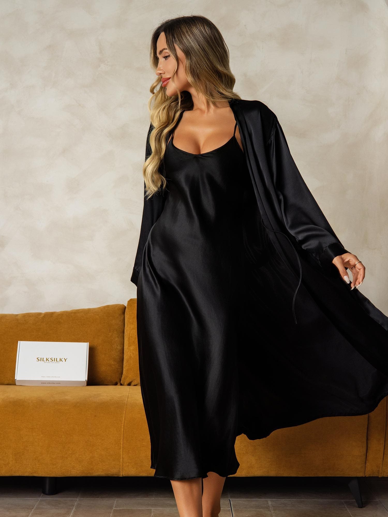[Zwart] SilkSilky-NL Zijde Nightgown&Robe Set 005