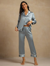 [Grijsachtig Blauw] SilkSilky-NL Lange Mouw Notchkraag Dames Pyjama Set 003