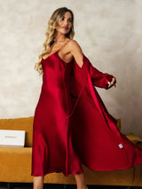 [Wijn] SilkSilky-NL Long Sleeve V Neck Nachthemd&Kamerjas Set 007