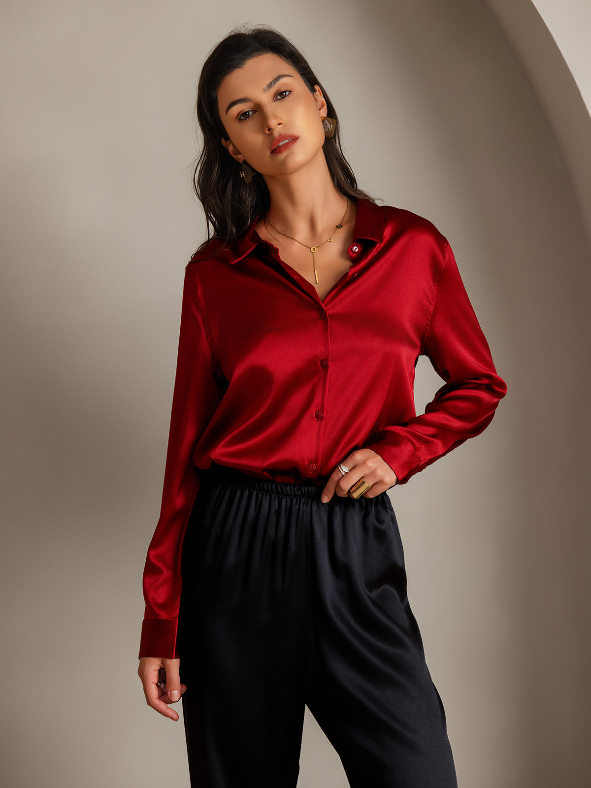 [Rode] SilkSilky-NL Zijde Kraag Dames Blouse 004