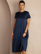 [Donkerblauw] SilkSilky-NL Short Sleeve Round Neck Jurk 006