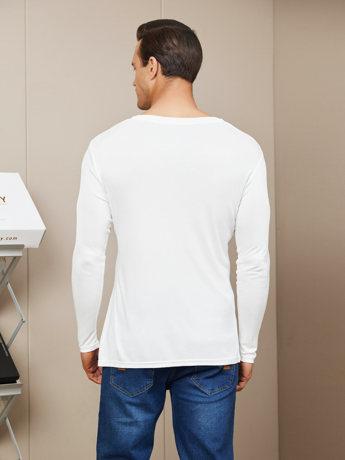 [Wit] SilkSilky-NL Zijde Gebreid Lange Mouw V-Hals Heren T-Shirt 002