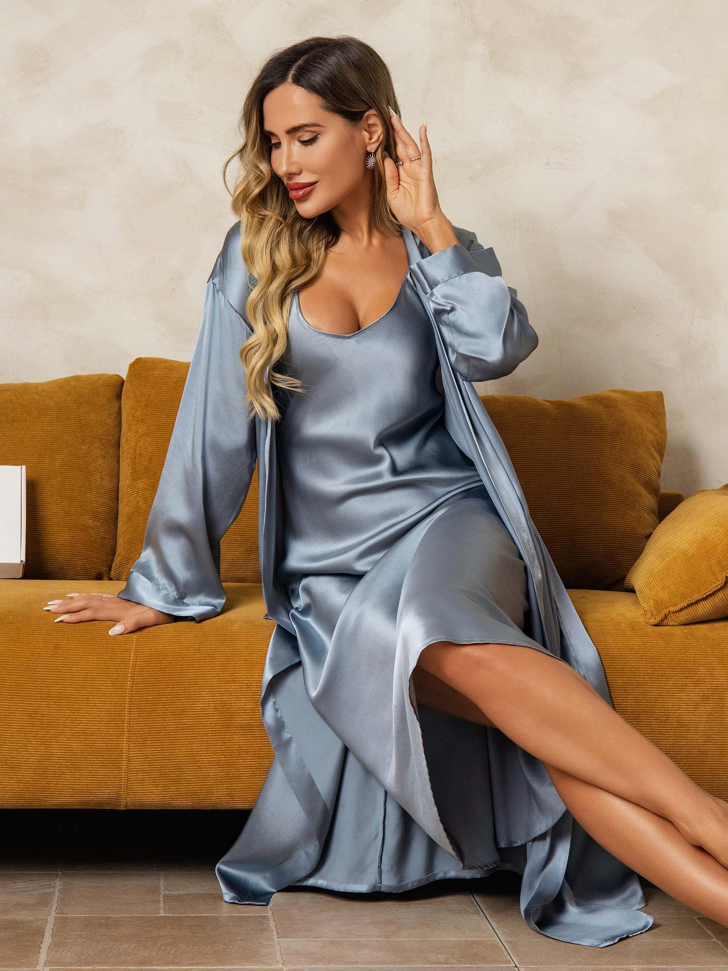 [GrijsachtigBlauw] SilkSilky-NL Zijde Nightgown&Robe Set 009