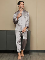 [Grijs] SilkSilky-NL Pure Silk Lange Mouw Revers Heren Pyjama Set 004