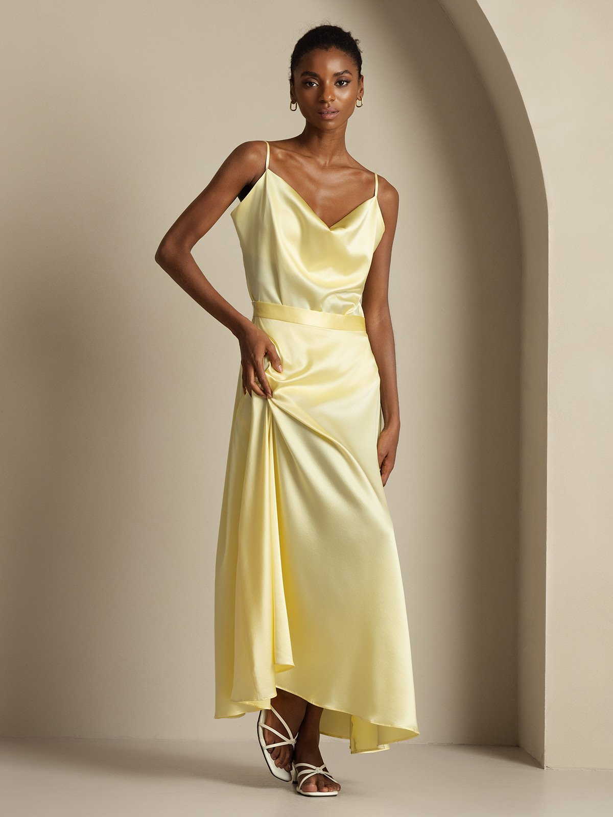 [Lichtgeel] SilkSilky-NL 19Momme Spaghetti Bandjes Waterval Hals Women''s Outfit Sets 005