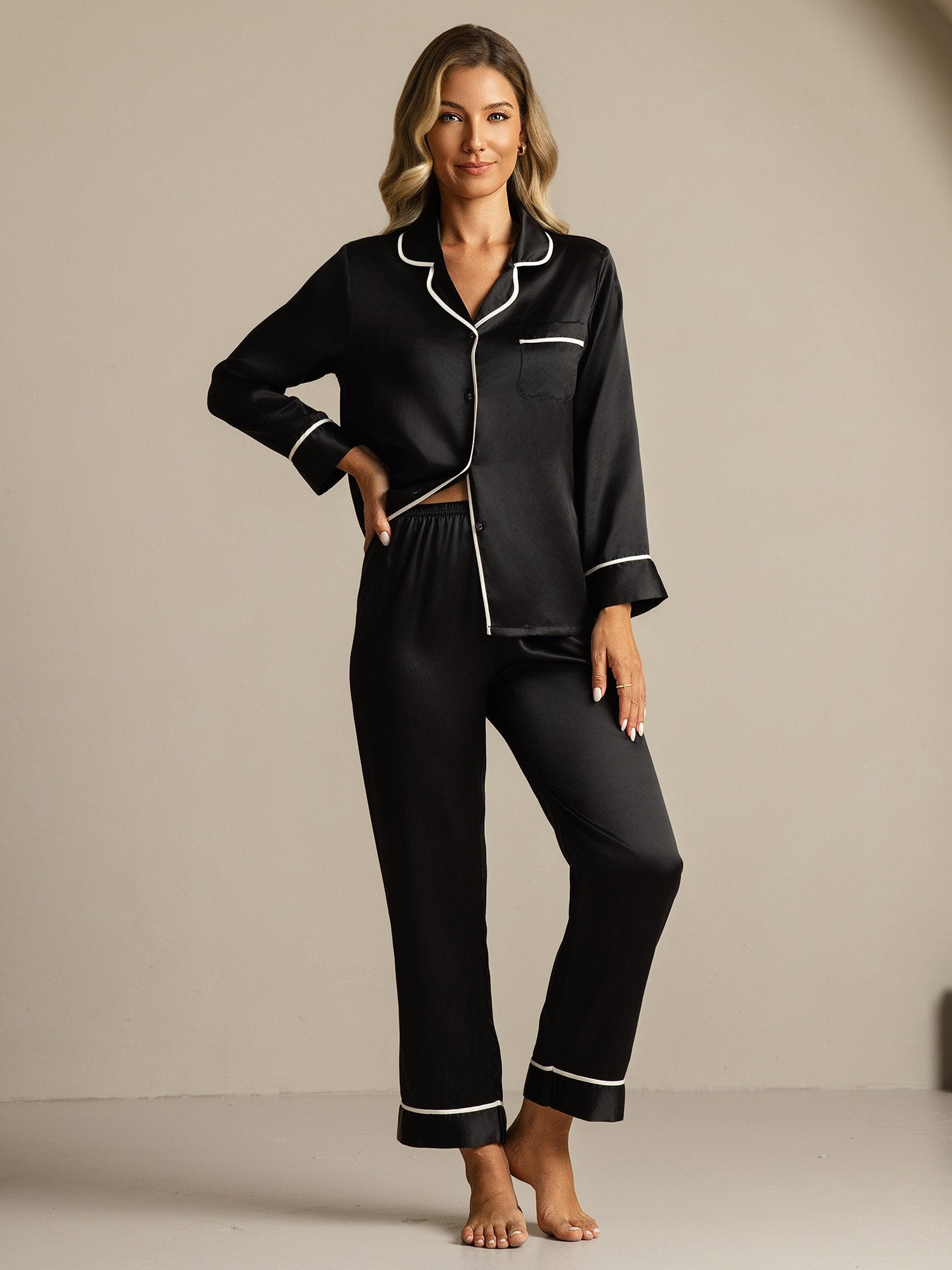 [Zwart] SilkSilky-NL Zijde Kraag Dames Pyjama Set 006