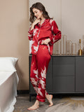 SilkSilky NL 19Momme Pure Silk Lange Mouw Revers Dames Pyjama Set Donkerrood 004