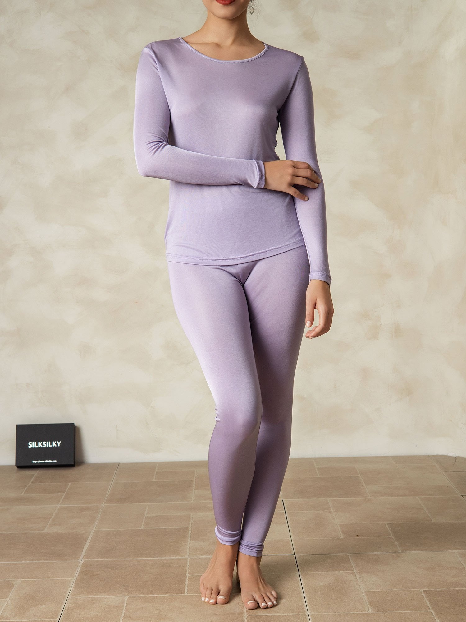 [Paars] SilkSilky-NL Zijde Ronde Hals Dames Pyjama Set 001