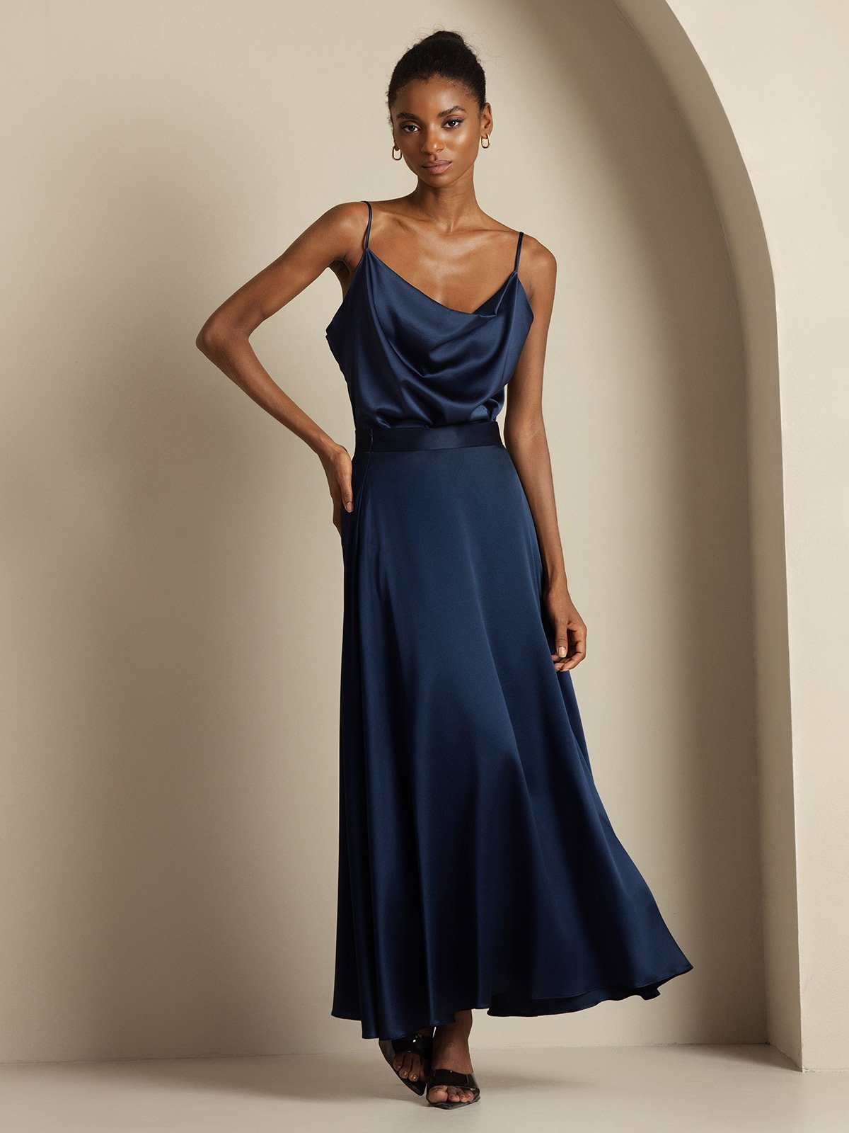 [Donkerblauw] SilkSilky-NL 19Momme Spaghetti Bandjes Waterval Hals Women''s Outfit Sets 007