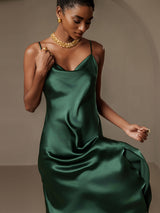 [Donkergroen] SilkSilky-NL Spaghetti Bandjes Waterval Hals Jurk 004