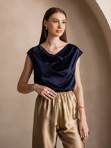 [Donkerblauw] SilkSilky-NL Cap Sleeve Cowl Neck Dames T-Shirt 004