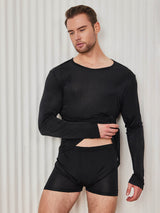 [Zwart] SilkSilky-NL Lange Mouw Ronde Hals Heren T-Shirt 004