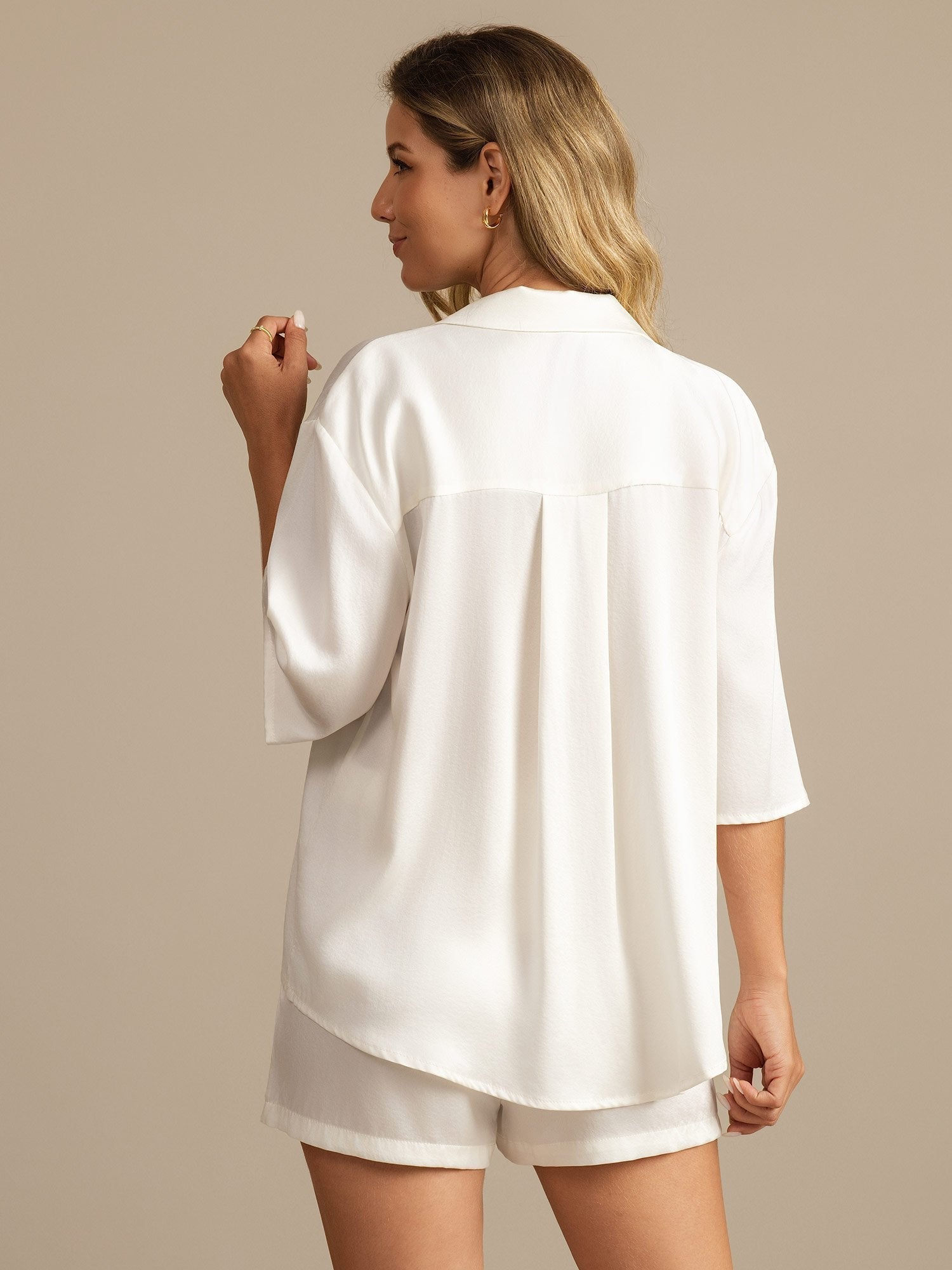 [Wit] SilkSilky-NL 19Momme Zijde Kraag Dames Pyjama Set 002,