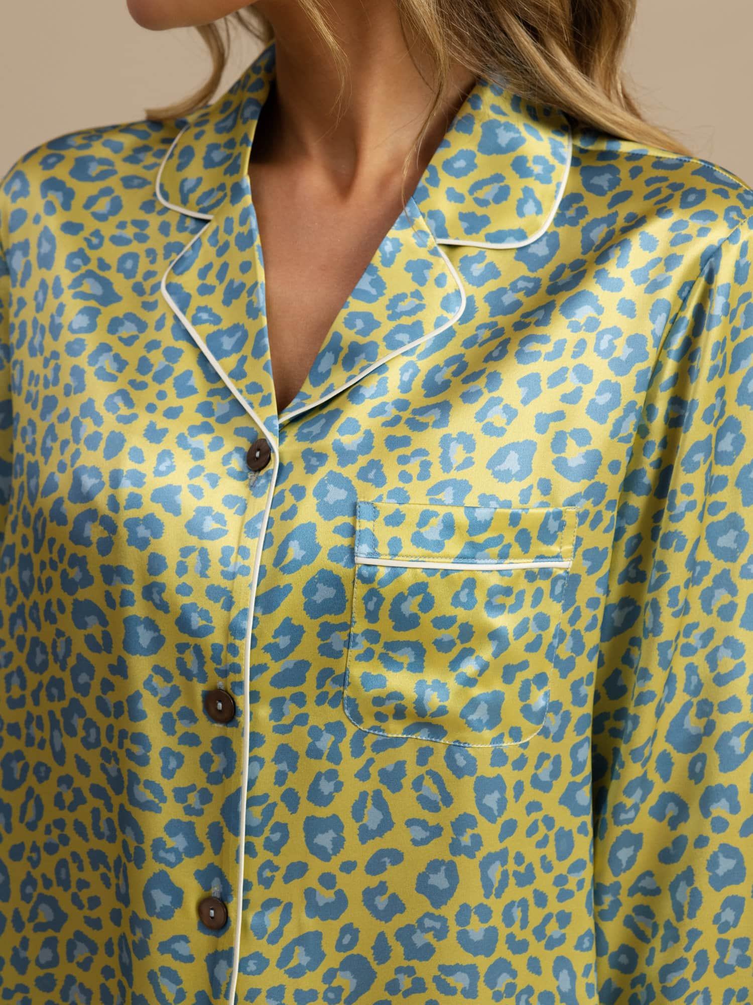 [Groene Luipaard] SilkSilky-NL 19Momme Lange Mouw Notchkraag Dames Pyjama Set 005