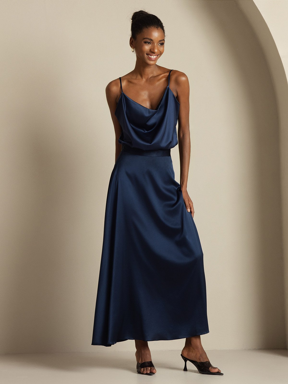 [Donkerblauw] SilkSilky-NL 19Momme Spaghetti Bandjes Waterval Hals Women''s Outfit Sets 006