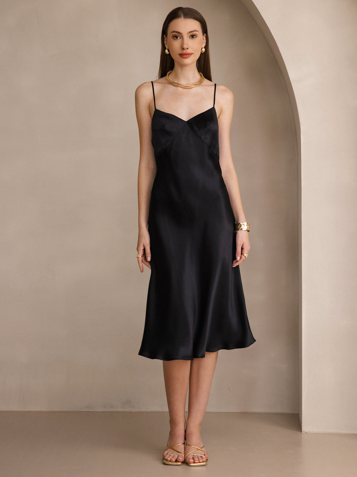 [Zwart] SilkSilky-NL 19Momme V-Hals Jurk 004