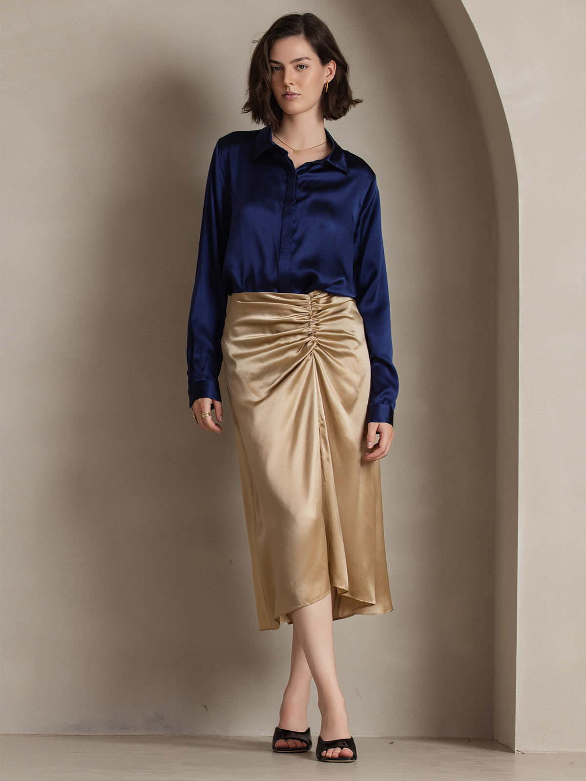 [Donkerblauw] SilkSilky-NL 19Momme Zijde Lapel Collar Dames Blouse 004