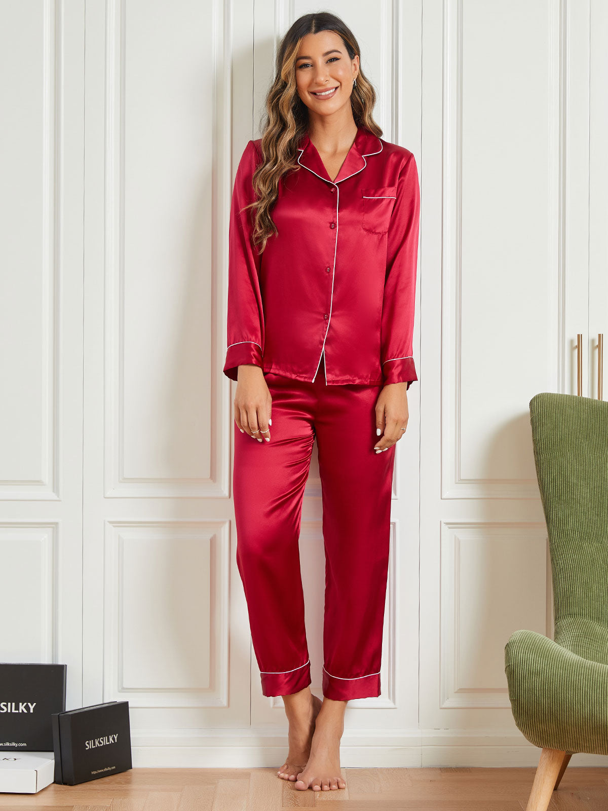 [Donkerrood] SilkSilky-NL Pure Silk Lange Mouw Revers Dames Pyjama Set 004