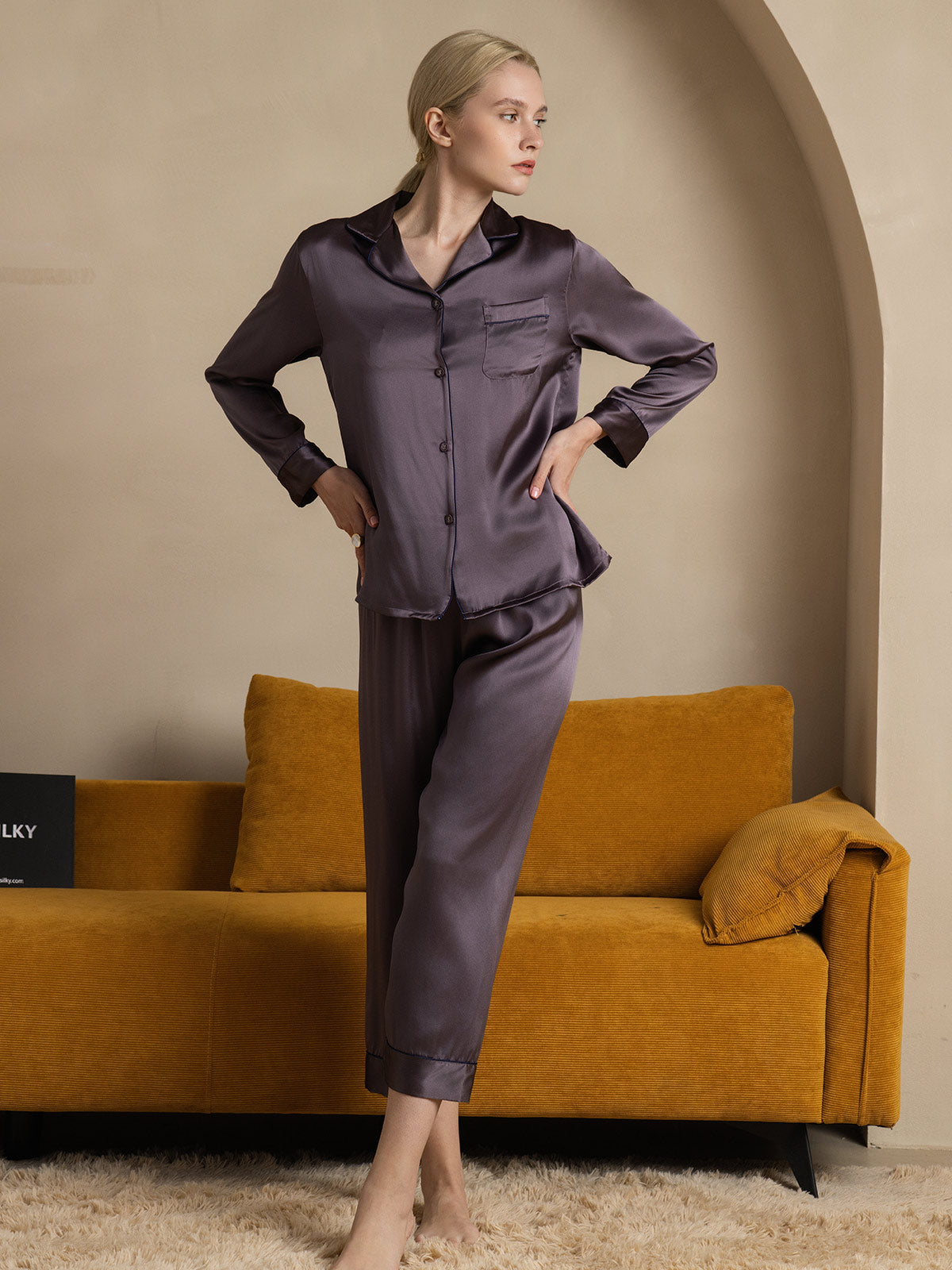 [Paars Grijs] SilkSilky-NL Pure Silk Lange Mouw Revers Dames Pyjama Set 001