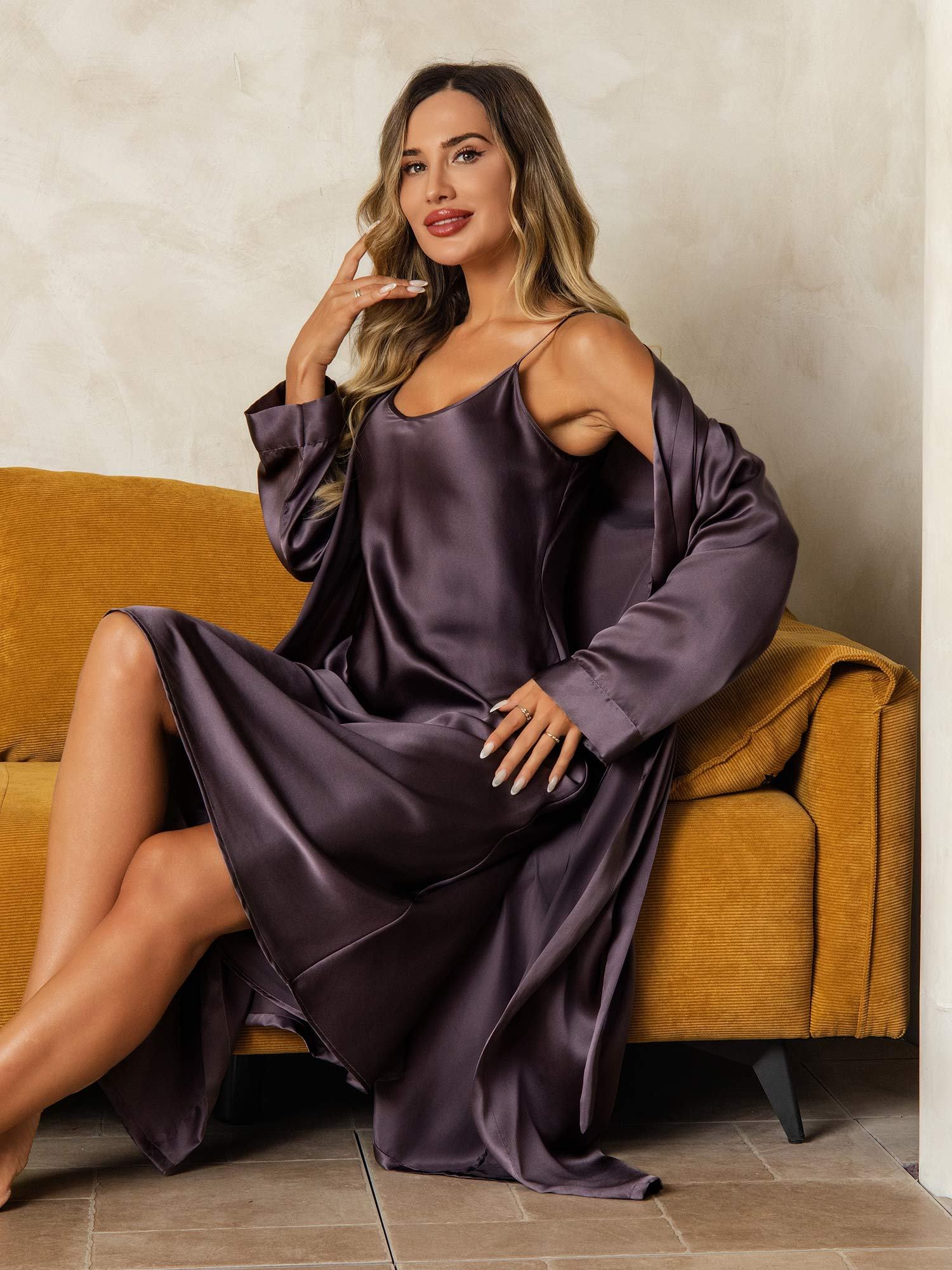 [PaarsGrijs] SilkSilky-NL Zijde Nightgown&Robe Set 006