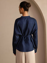 [Donkerblauw] SilkSilky-NL Long Sleeve Split Blouse 002