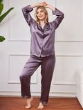 SilkSilky NL Pure Silk Lange Mouw Revers Dames Grote maten Pyjama Set PaarsGrijs 004