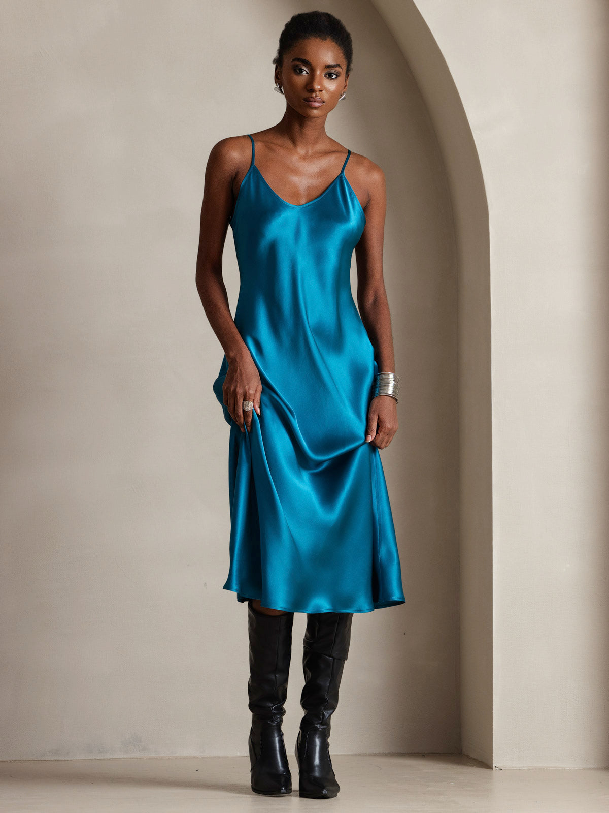 [Koningsblauw] SilkSilky-NL Ronde Hals Jurk 004