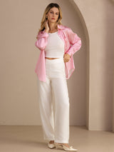 [Roze Krijtstreep] SilkSilky-NL Long Sleeve Lapel Collar Dames Blouse 007