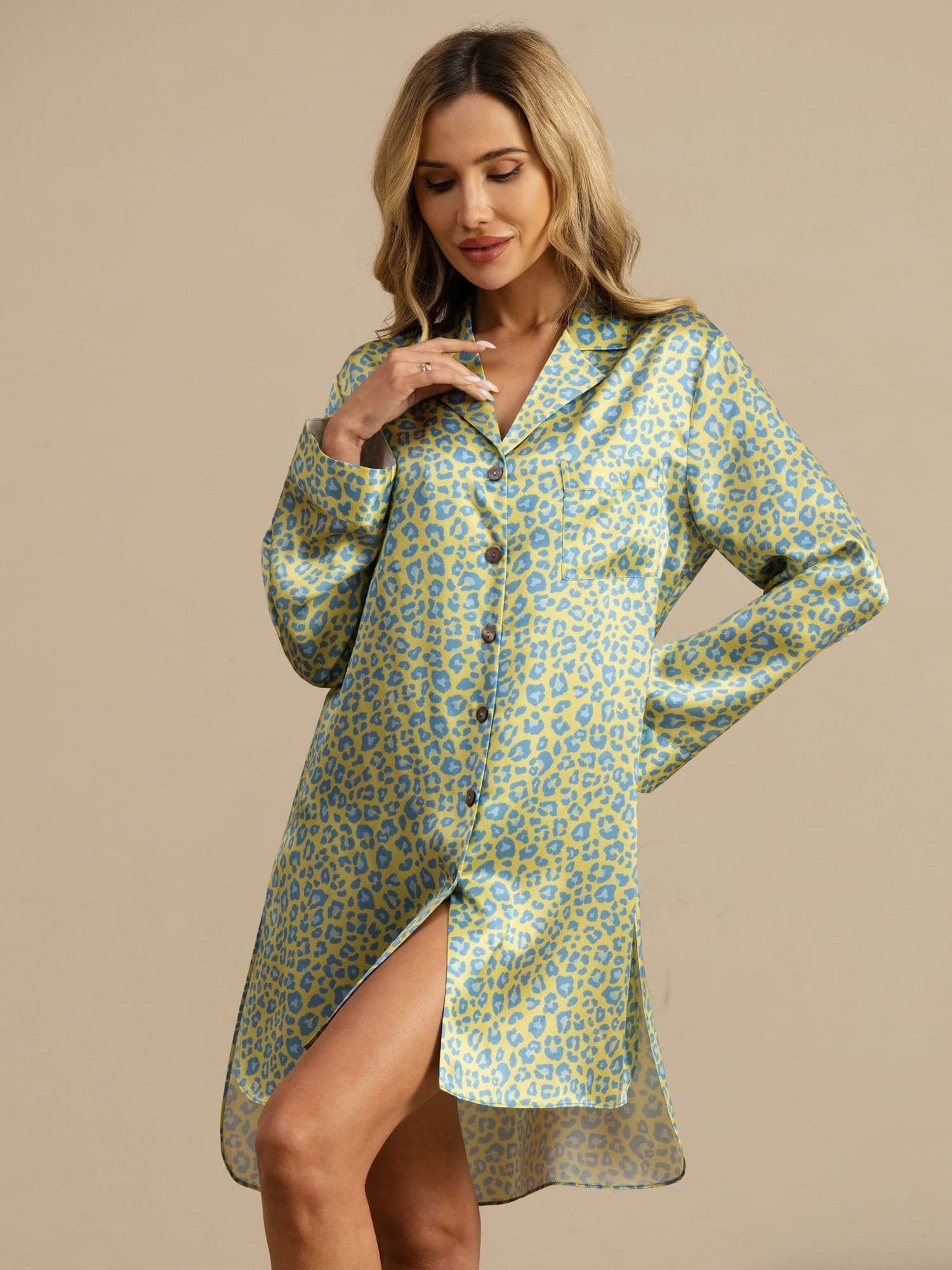 [Groene Luipaard] SilkSilky-NL 19Momme Lange Mouw Slaap Hemd 005