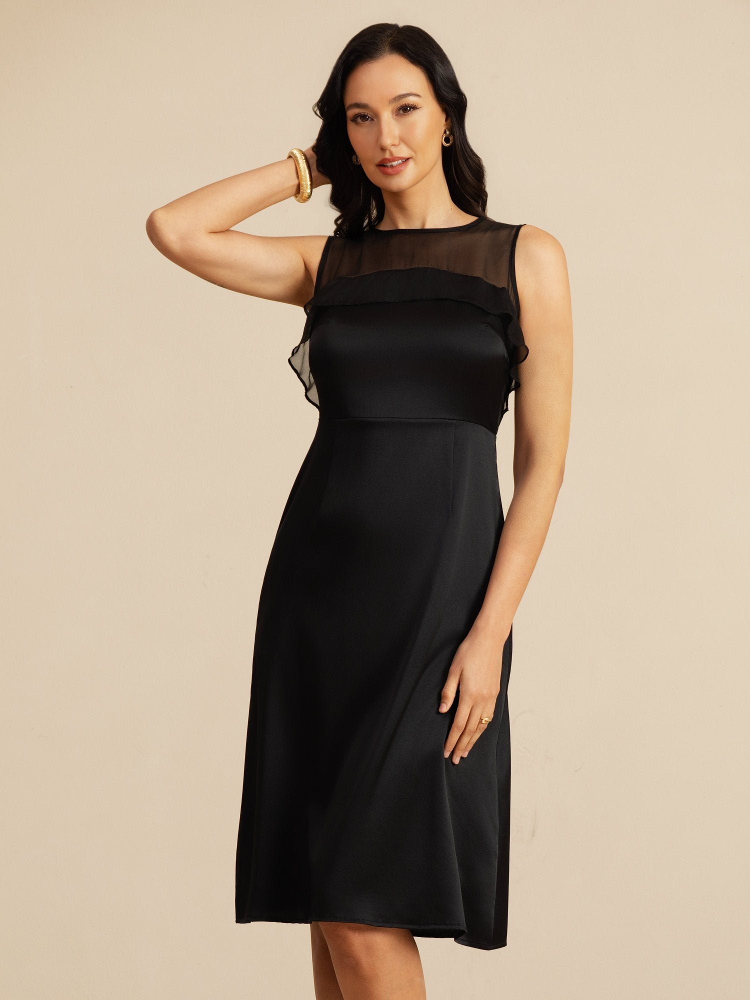 [Zwart] SilkSilky-NL 19Momme Sleeveless Illusion Neck Jurk 003