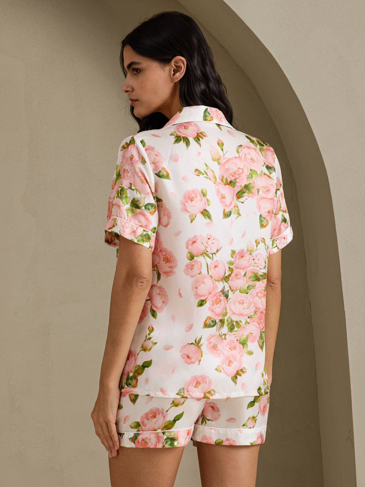[Witte Pioenroos] SilkSilky-NL Short Sleeve Notch Collar Dames Pyjama Set 002