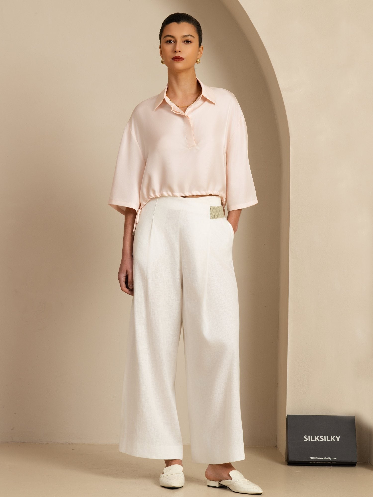 [Roze] SilkSilky-NL 18Momme Halve Mouw Reverskraag Blouse 007