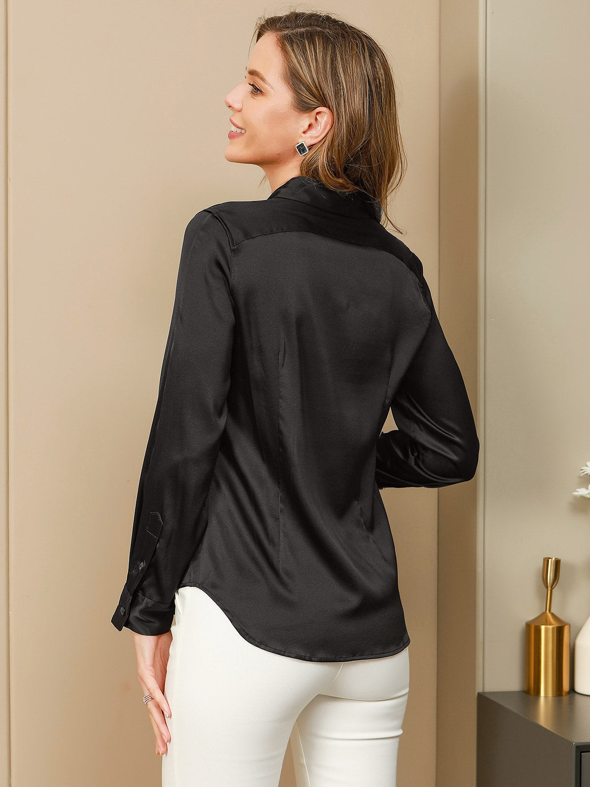 [Zwart] SilkSilky-NL Zijde Kraag Dames Blouse 002